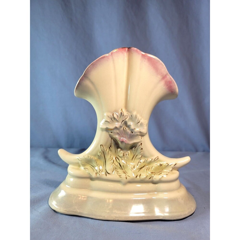 Unique Vase Floral Iridescent Cornucopia Double VTG MCM Ceramic w/ Gold Rim